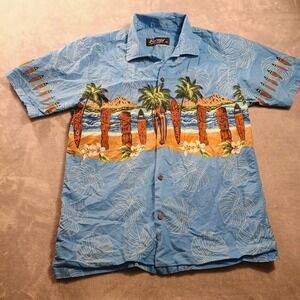 Favant Shirt Mens Medium Blue Hawaiian Beach Surf Tiki Short Sleeve Button Up